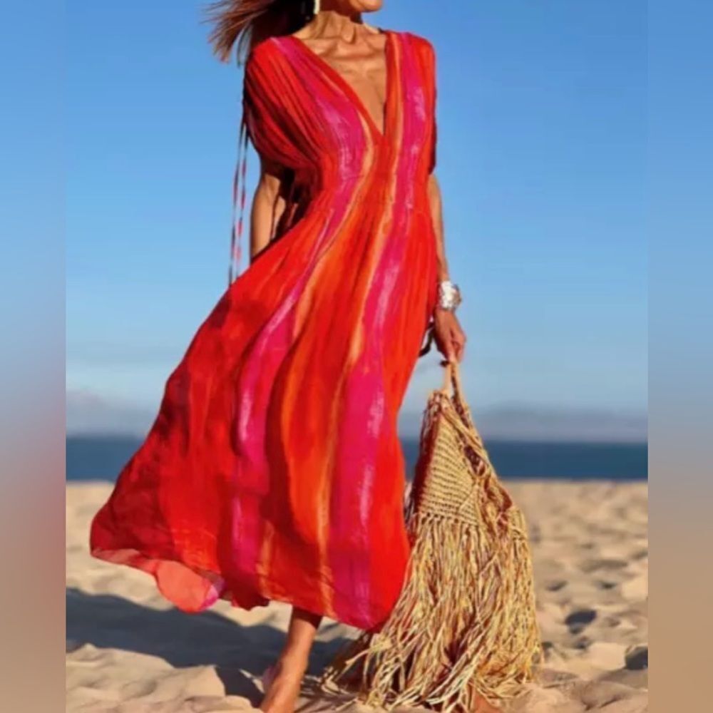 NEW ZARA Tie Dye Beaded Tassel Maxi Dress Red Orange Pink Chiffon Size S